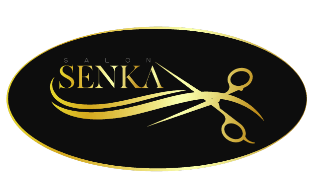 Logo van Salon Senka: een zwarte ovaal met gouden tekst en een schaar.