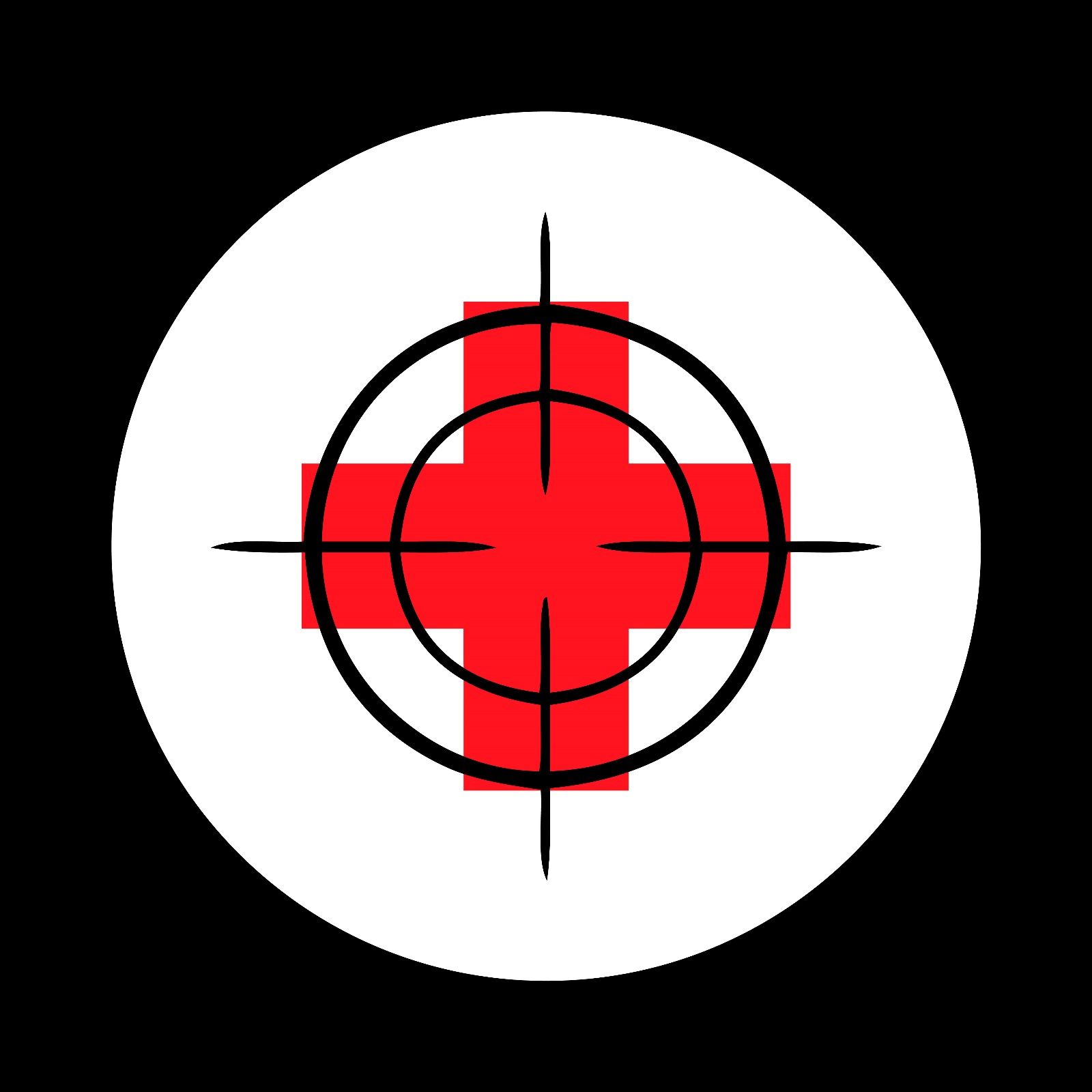 A red medical cross symbol centered inside a black crosshair target, set against a circular white background.