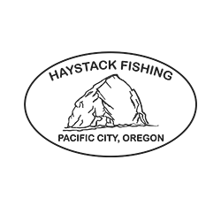 Haystack Fishing logo: oval frame, rock formation illustration, 