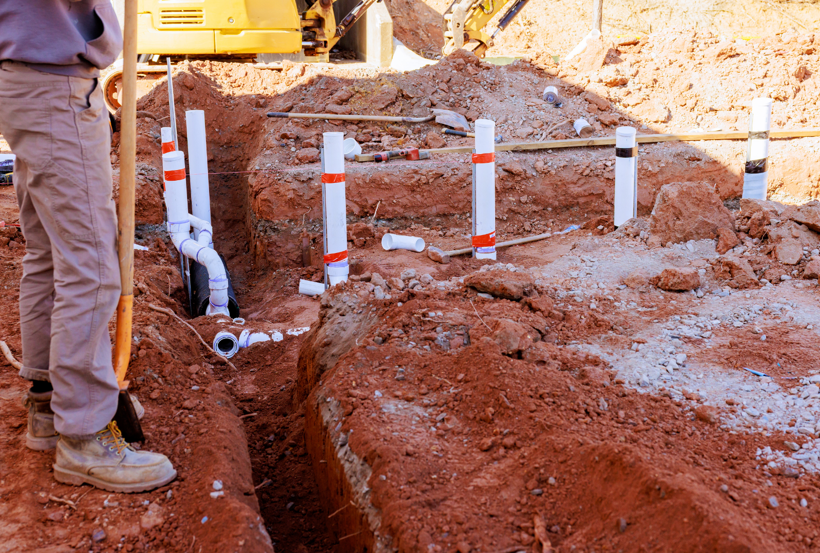 Plumber in beige pants standing in a dirt trench with white PVC pipes, red marker strips.
