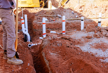 Plumber in beige pants standing in a dirt trench with white PVC pipes, red marker strips.
