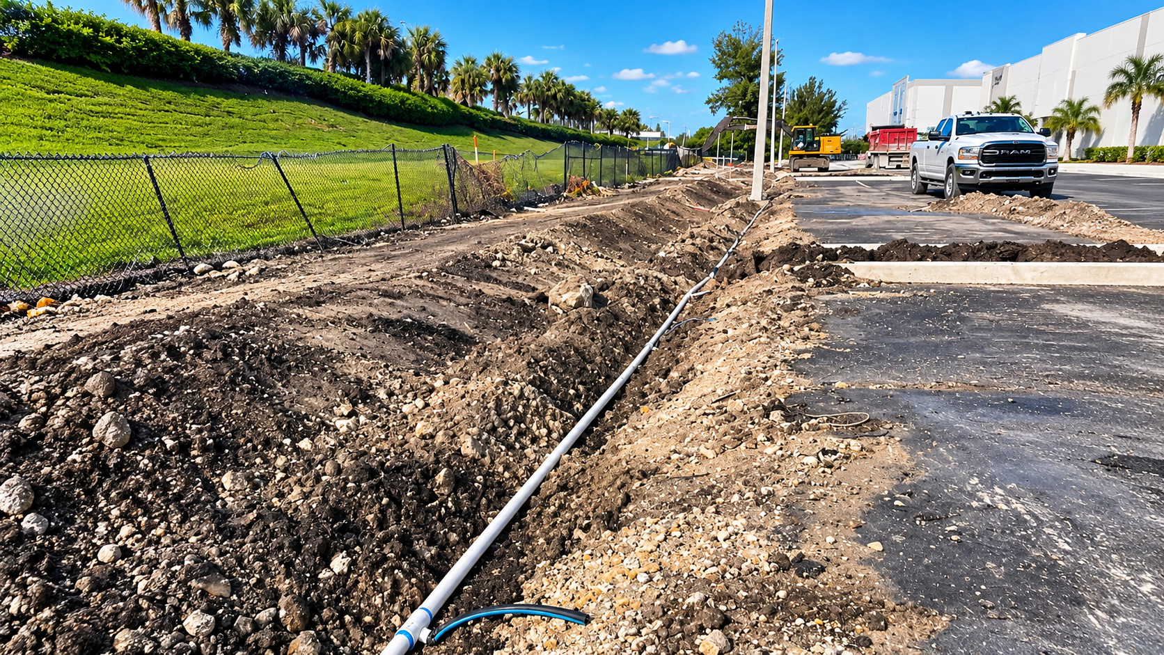 Roadwork along a rural roadside beside a chain-link fence, with gravel, trenching, and a parked pickup truck.