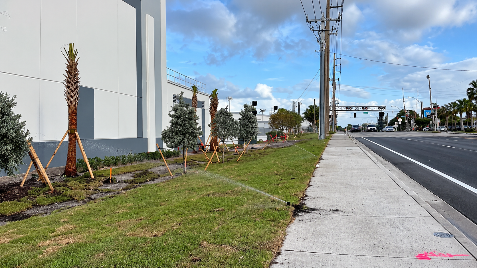 Sidewalk beside a road, with young trees, grass, and a white building under a cloudy blue sky.
