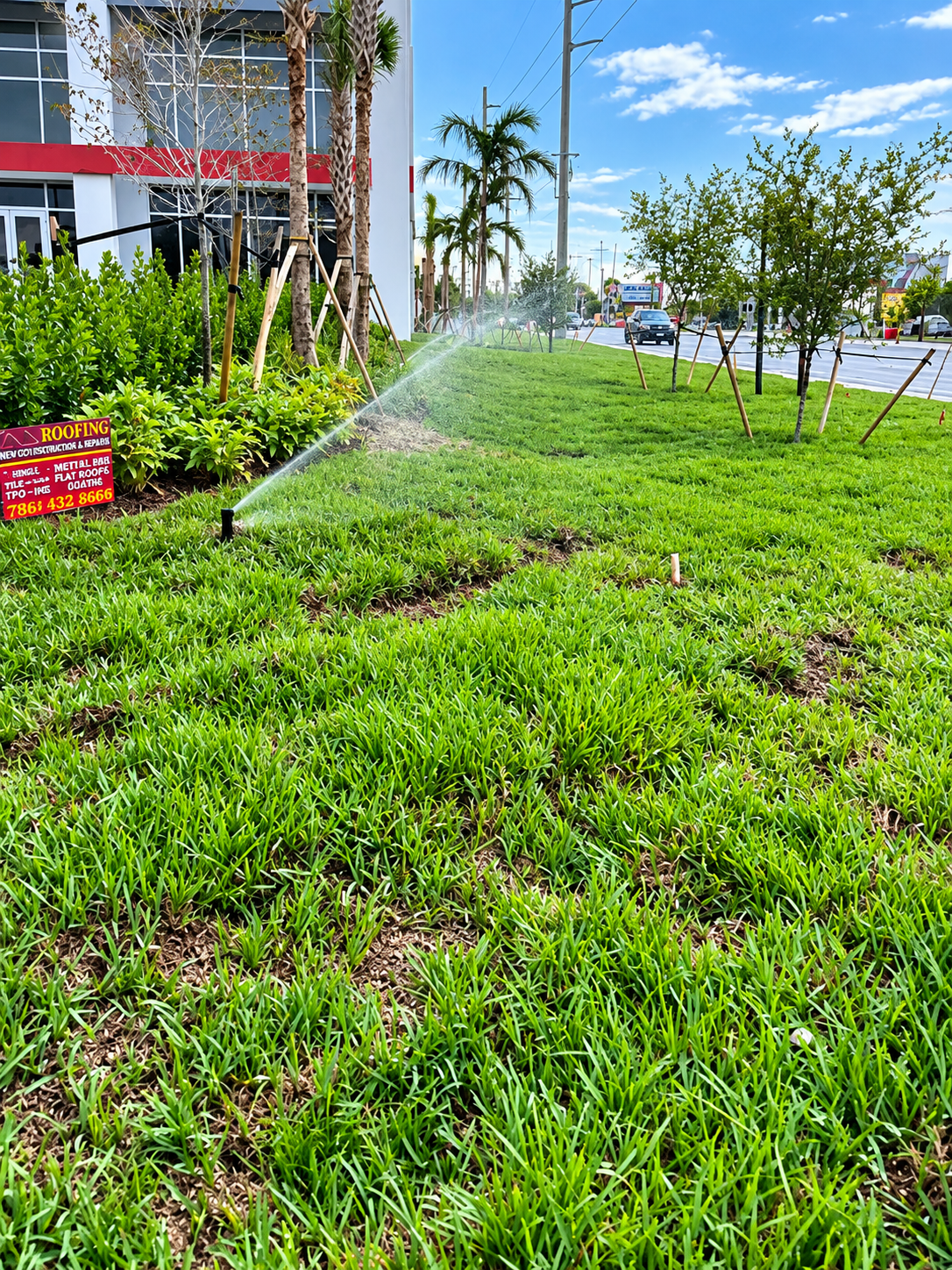 Lawn sprinkler watering a green roadside garden beside palm trees and a building