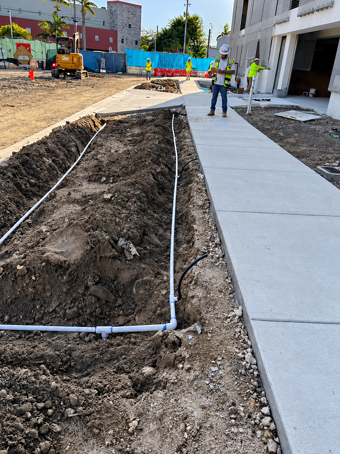 Construction site with workers beside a concrete sidewalk and a narrow dirt trench bordered by white tubing