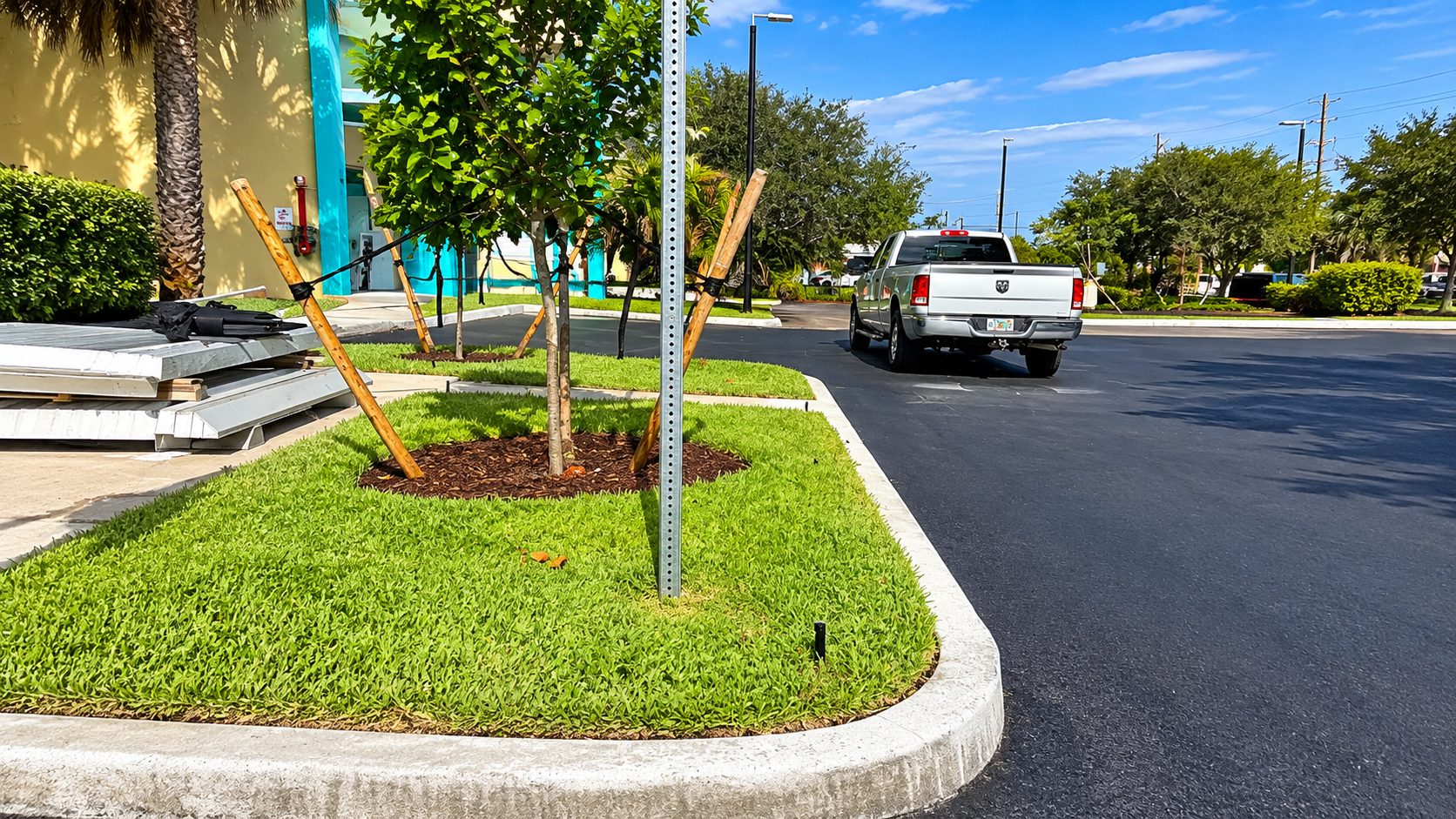 Sunny suburban street with a white pickup truck on a curved road beside a grassy corner and palm trees