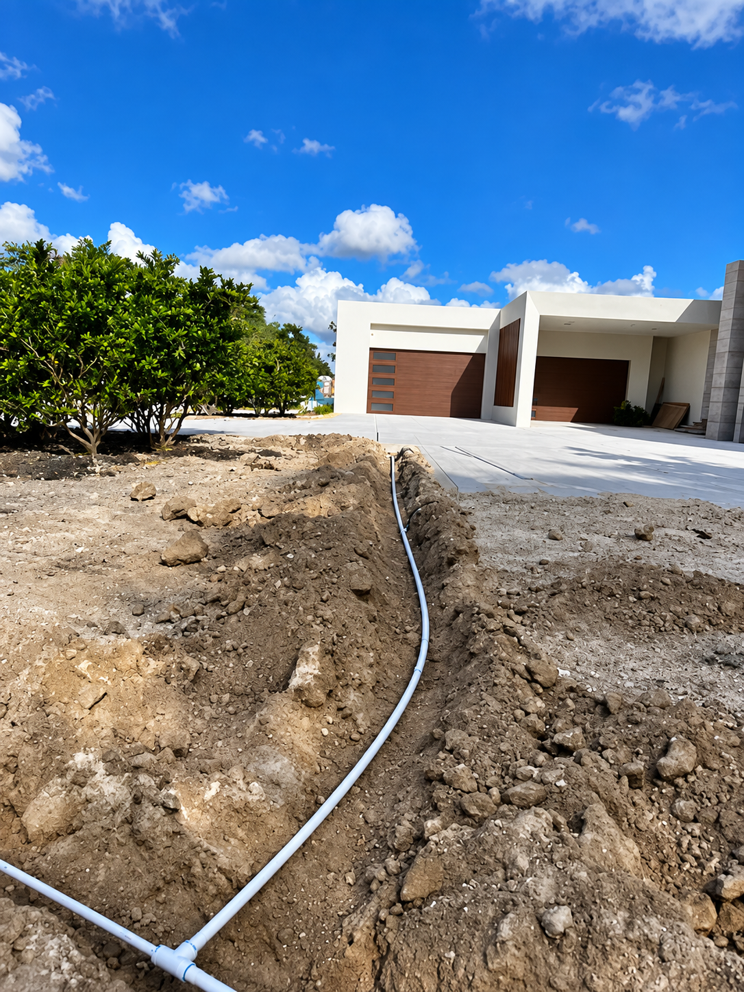 New home driveway under construction with exposed dirt, white conduit, and a garage under a blue sky