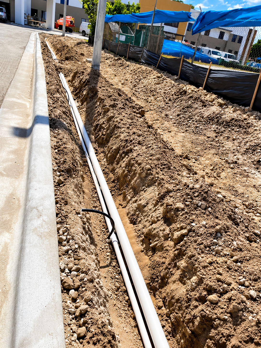 Sidewalk beside a dirt trench with white pipes running along a construction site under blue shade canopies