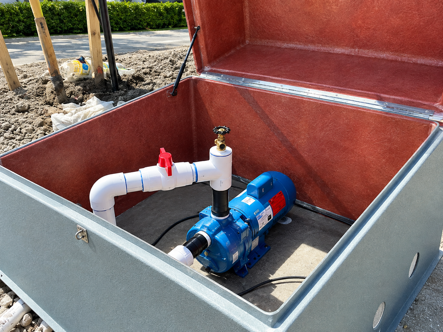 Open utility box with blue pump, white PVC pipes, and red valve outside near landscaping