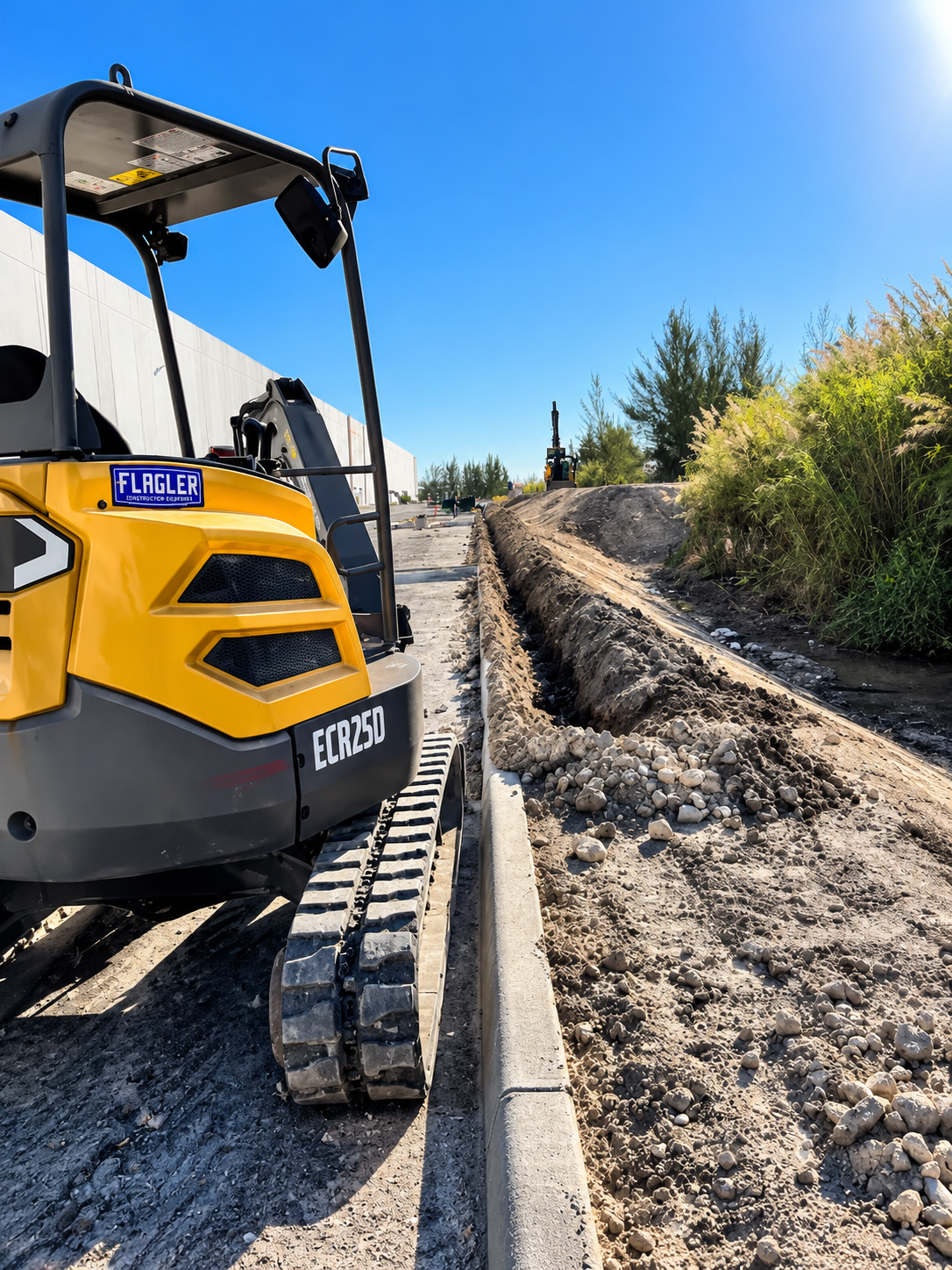 Yellow excavator beside a curb, digging a trench along a dirt roadside under a clear blue sky