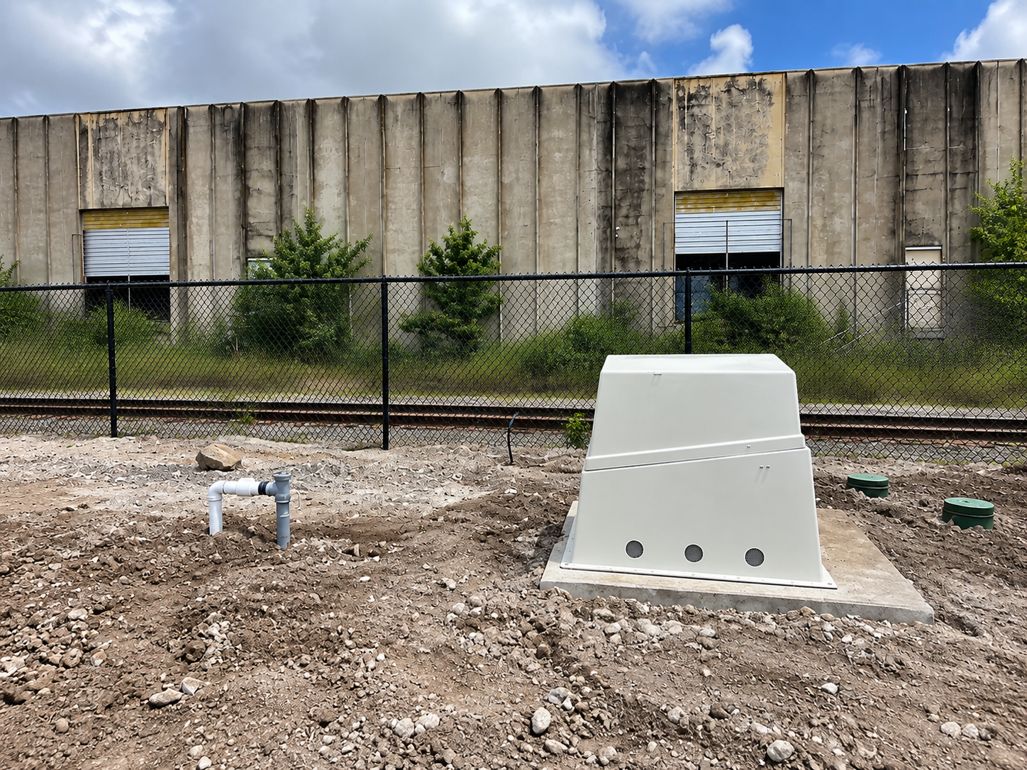 Construction site with white utility cover, gravel ground, chain-link fence, and concrete wall under cloudy sky