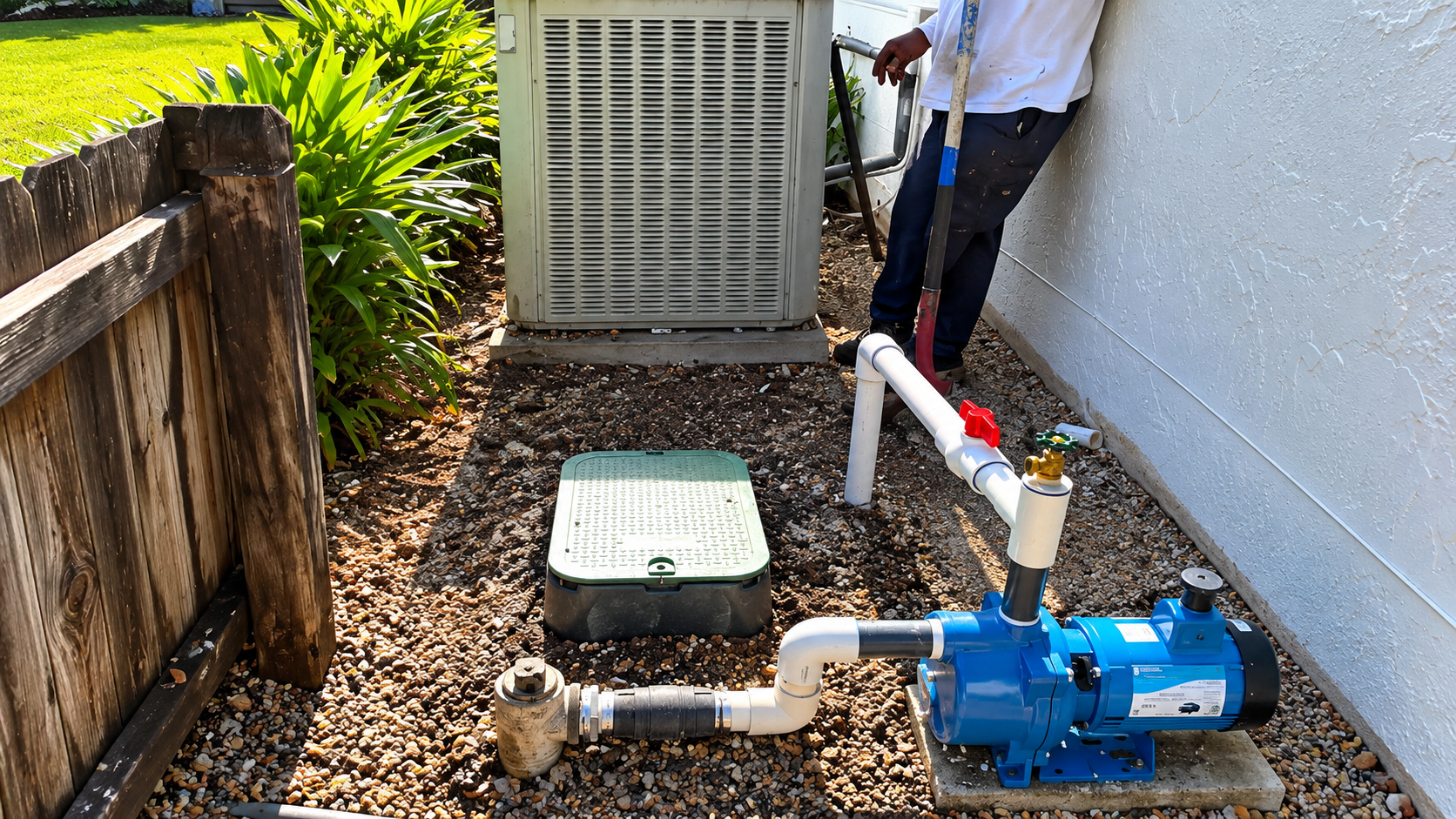 Blue water pump and pipes beside an outdoor unit, with a person standing nearby in a narrow gravel area