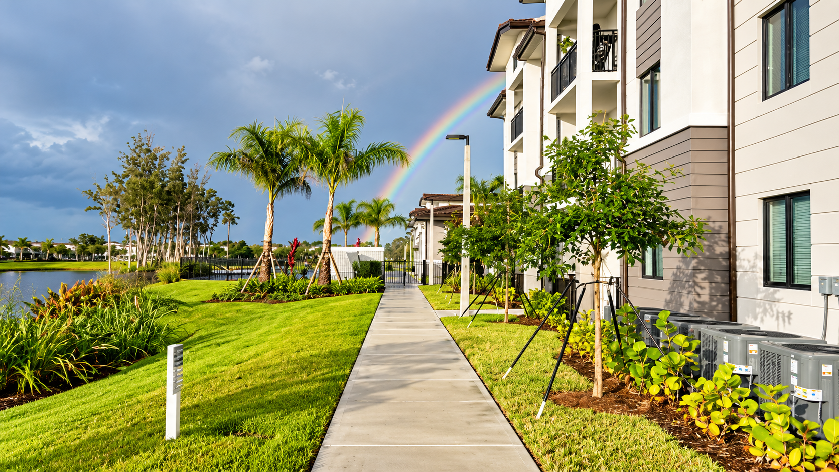 Sunny landscaped walkway beside modern apartment buildings and palm trees overlooking water.