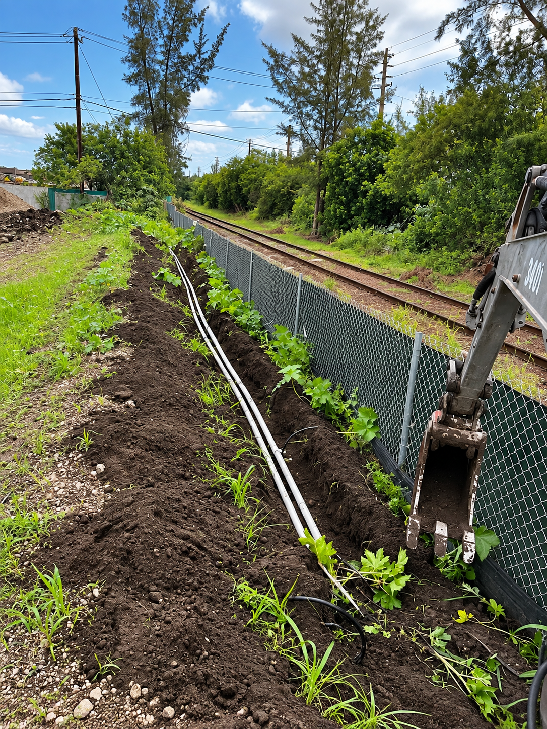 Newly planted garden bed beside a chain-link fence with railroad tracks and a backhoe under a blue sky