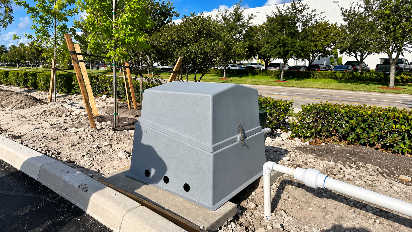 Gray utility box beside a curb and white pipe in a landscaped parking lot under bright sun