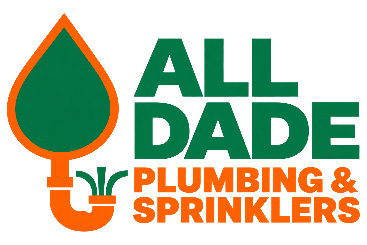 All Dade Plumbing & Sprinklers logo in green and orange with water drop and pipe icon