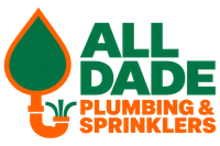 All Dade Plumbing & Sprinklers logo in green and orange with water drop and pipe icon