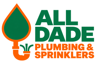 All Dade Plumbing & Sprinklers logo in green and orange with water droplet and pipe icon