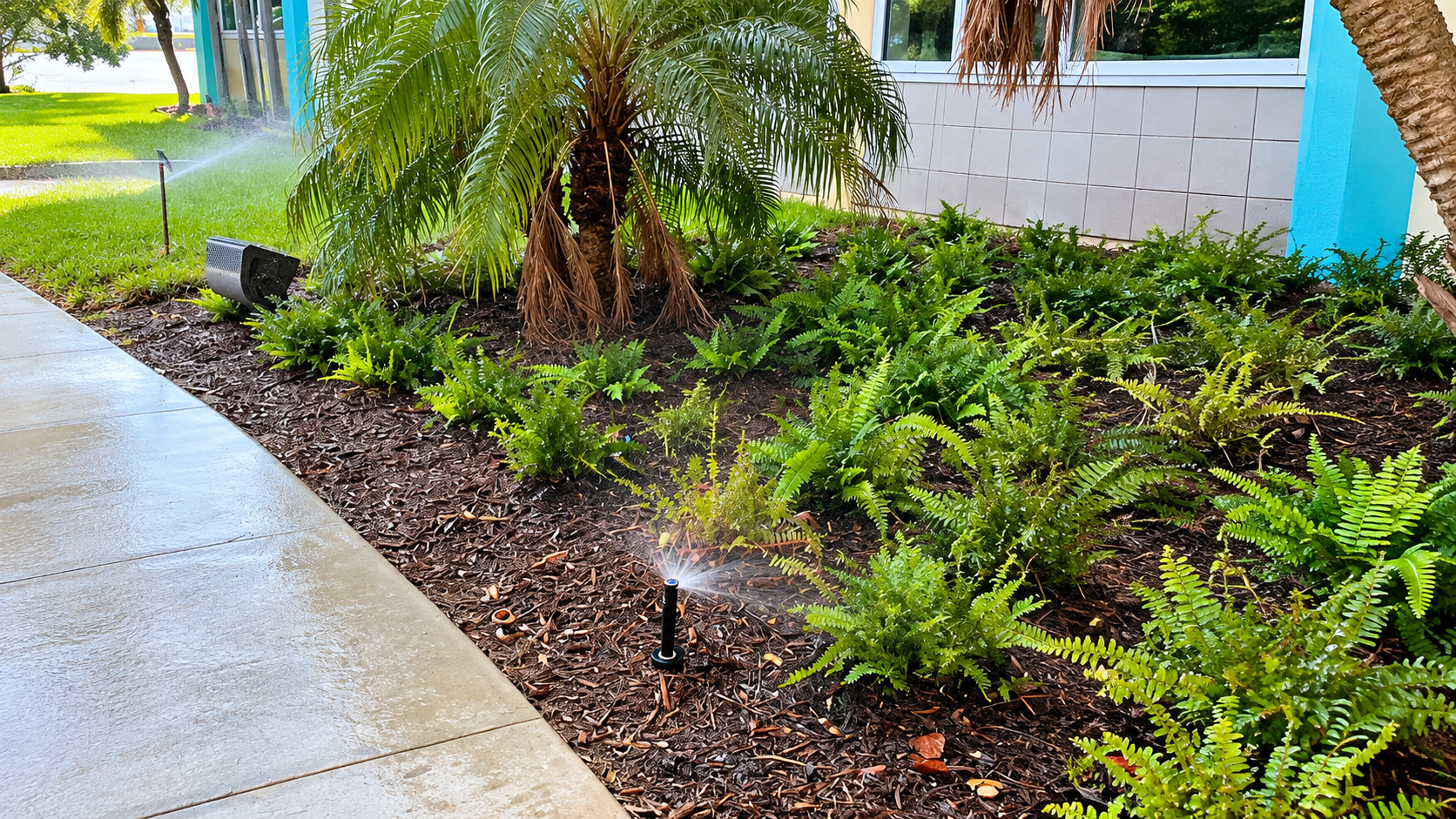 Curved concrete sidewalk beside a landscaped garden bed with green shrubs, mulch, and a palm tree near a building.