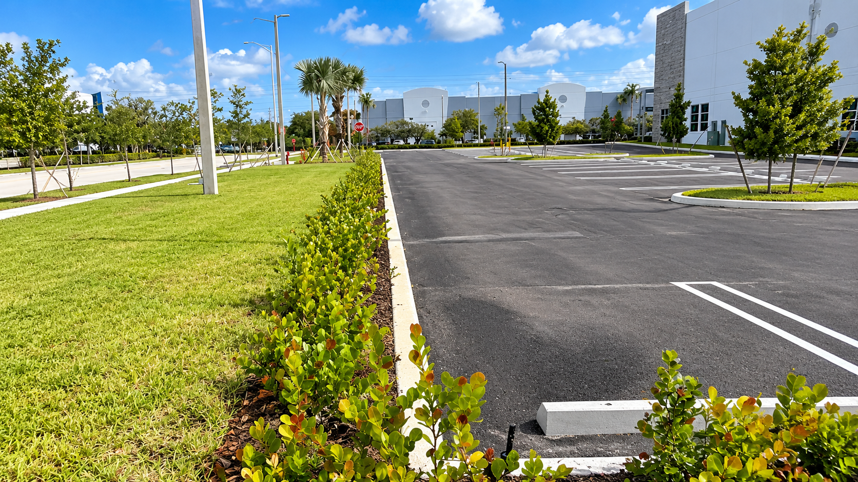 Empty parking lot beside a grassy median with palm trees and modern buildings under a bright blue sky