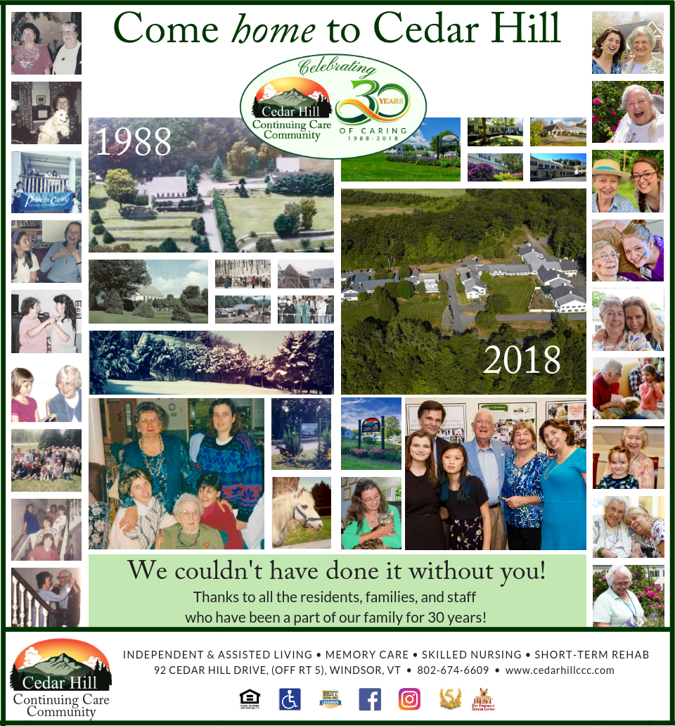 Cedar Hill 30th Anniversary collage, featuring historical photos, residents, and the Cedar Hill logo.