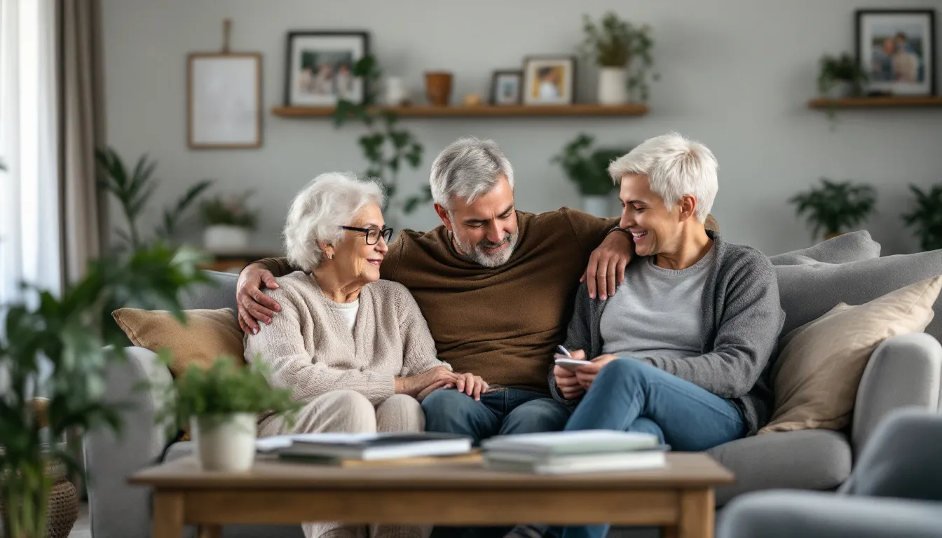 Three people smiling on a couch in a living room. One person has their arms around the other two.