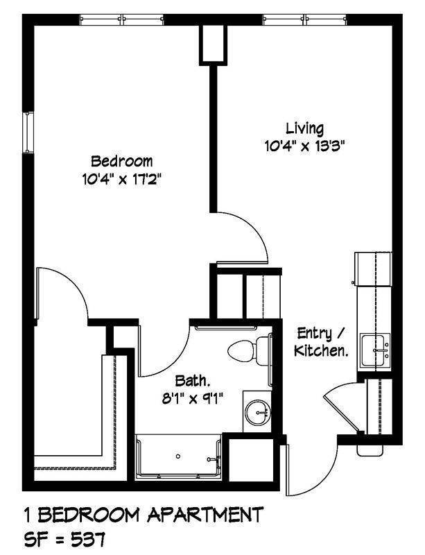 Floor plan of a 1-bedroom apartment layout. Includes bedroom, living area, bath, and kitchen/entry space.