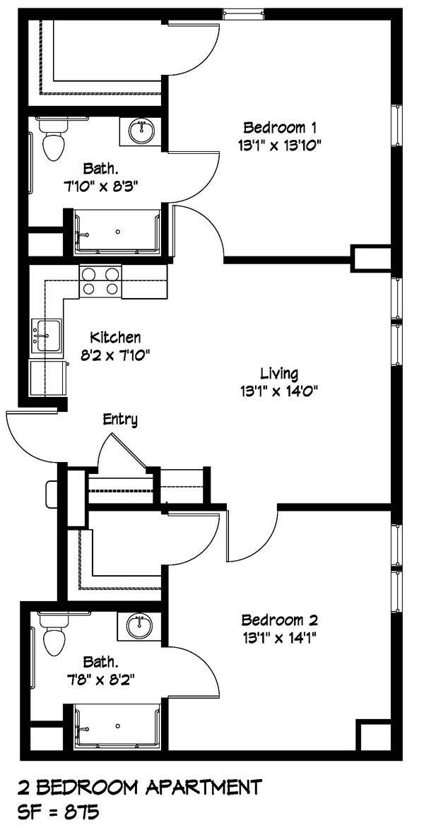 Floor plan of a 2-bedroom apartment with a kitchen, living area, and two bathrooms. SF = 675.