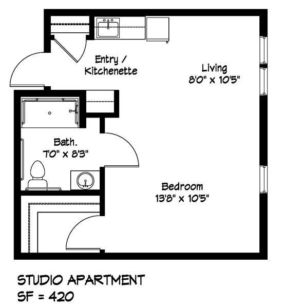 Floor plan of a studio apartment, labeled: entry/kitchenette, living, bedroom, and bath. Total square footage is 420.