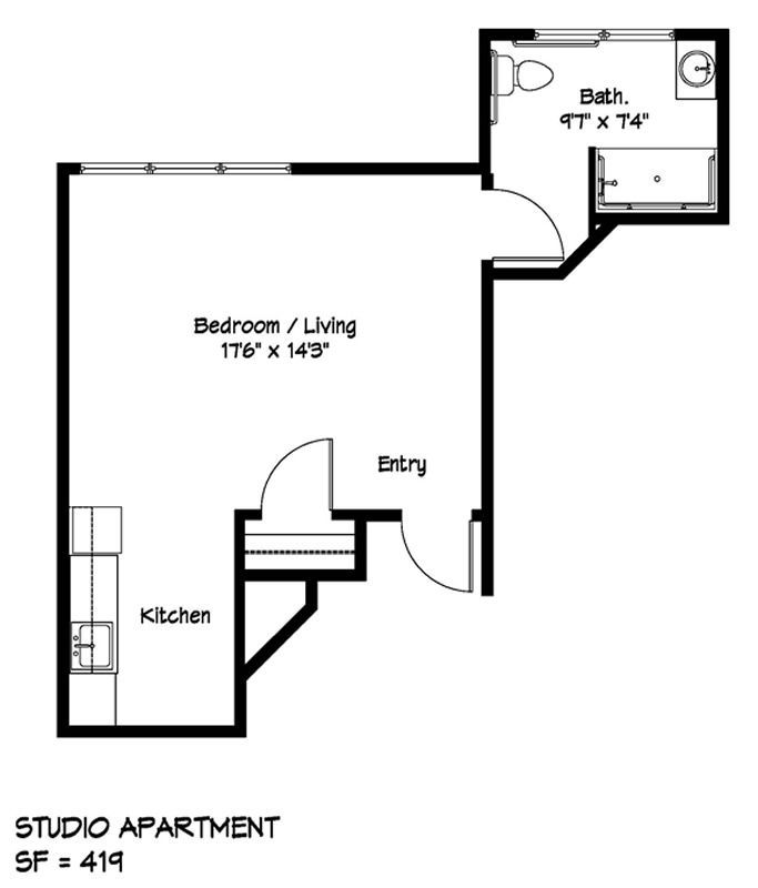 Floor plan of a studio apartment, showing kitchen, living area, and bathroom layout.