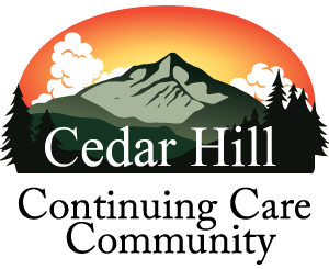 Logo: Cedar Hill Continuing Care Community with mountain, sunset, and trees.