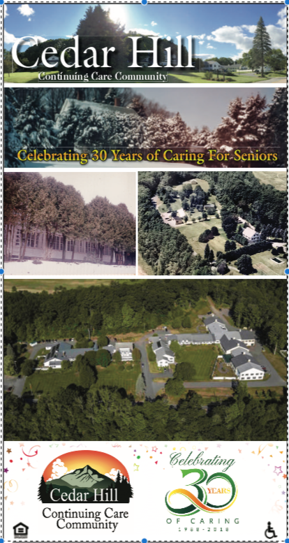 Promotional graphic for Cedar Hill Continuing Care Community, featuring aerial photos and anniversary celebration.