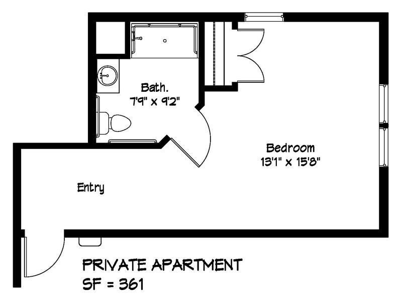 Floor plan of a private apartment with a bedroom, bathroom, and entry. The total square footage is 361.