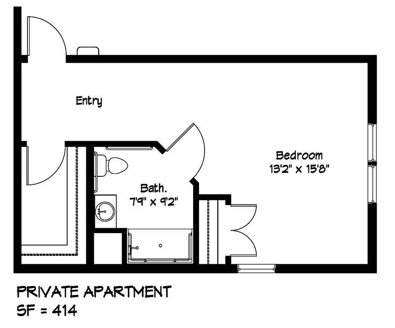 Floor plan of a private apartment with entry, bathroom, and bedroom labeled; total square footage is 414.