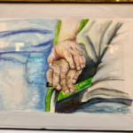 Watercolor painting of two hands holding each other; one light-skinned, one darker-skinned.
