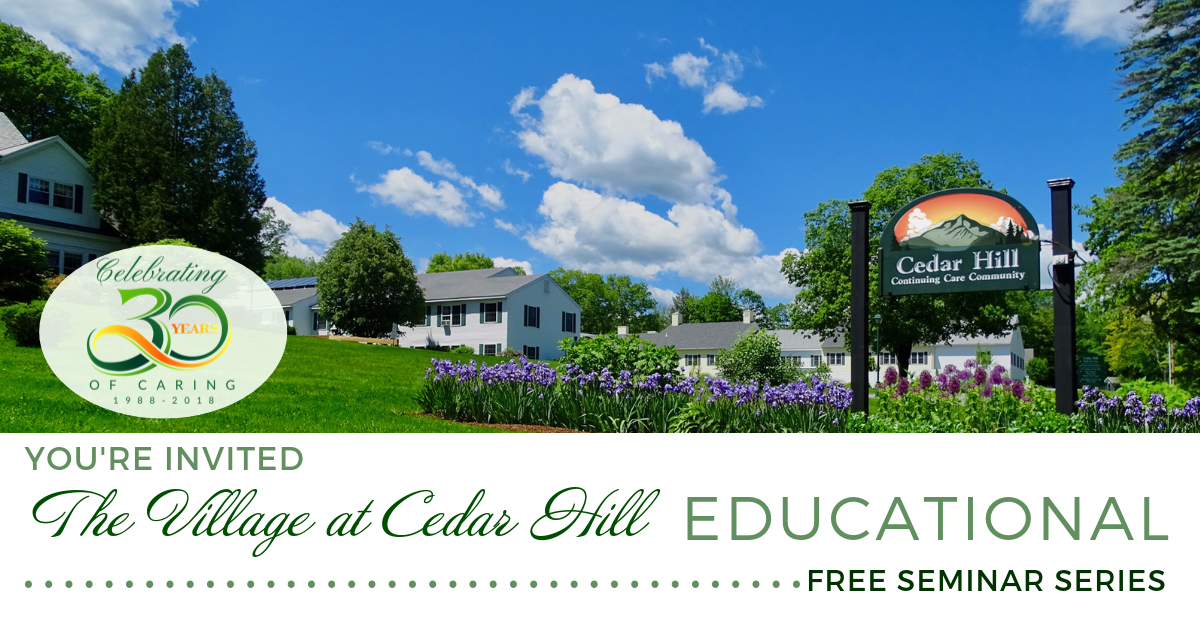 Banner for The Village at Cedar Hill free seminar series. Features building, sign, and grassy lawn.