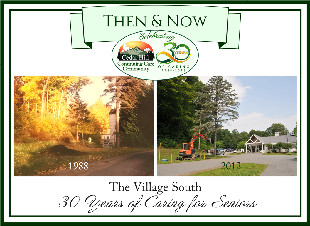 Then & Now: The Village South, 1988 and 2012 comparison photos. Left: forest and building. Right: construction and facility.