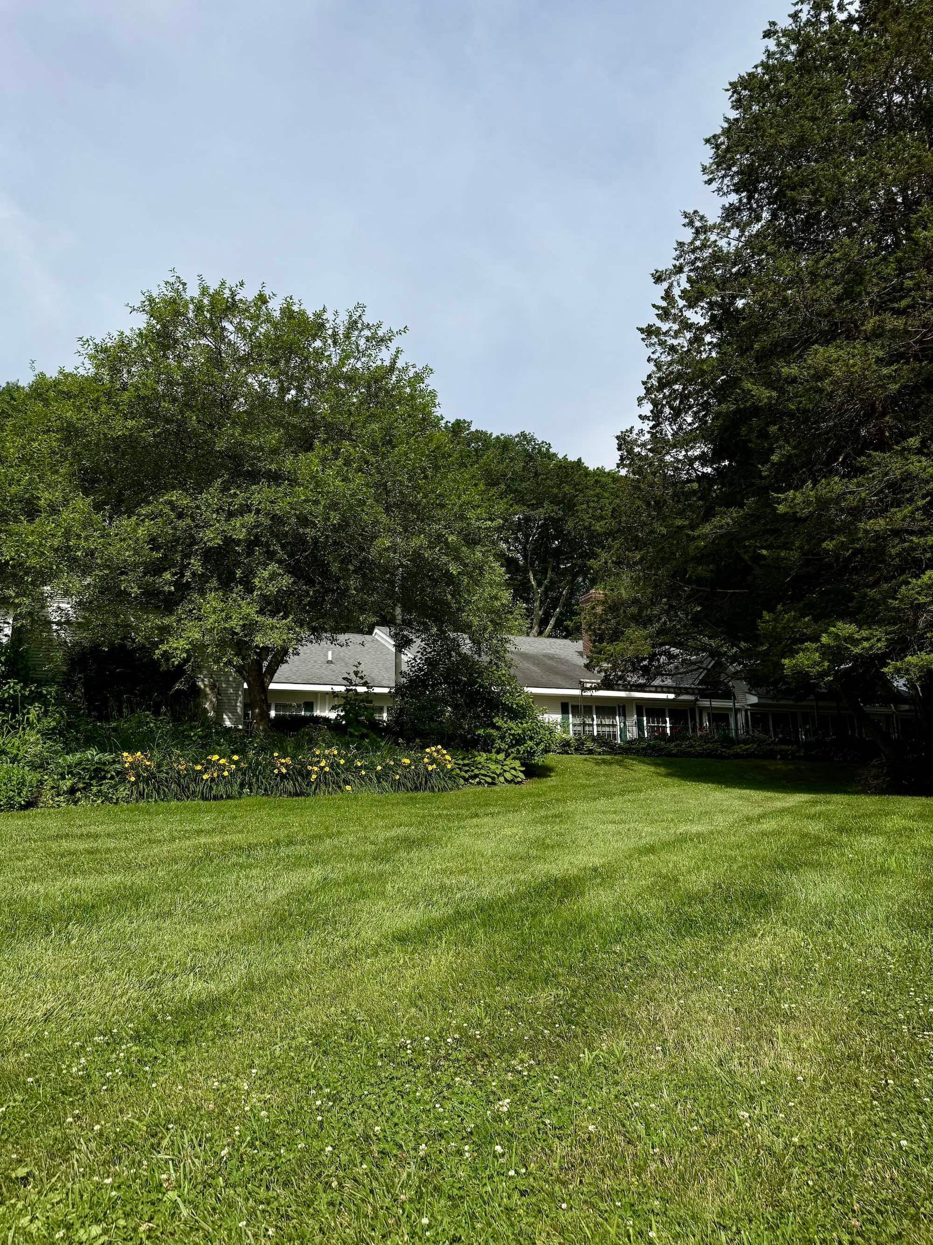 Lawn leading to a white house partially obscured by trees under a partly cloudy sky.