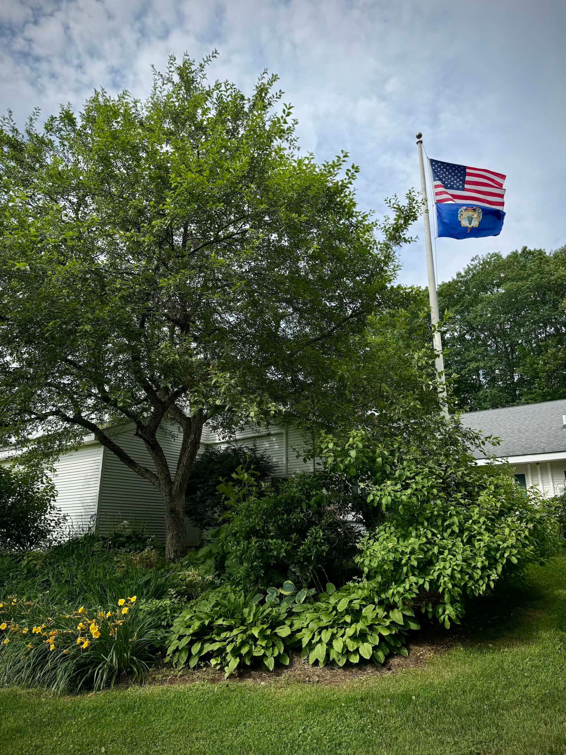Lush green landscaping with a US and state flag waving on a pole in front of a white house.