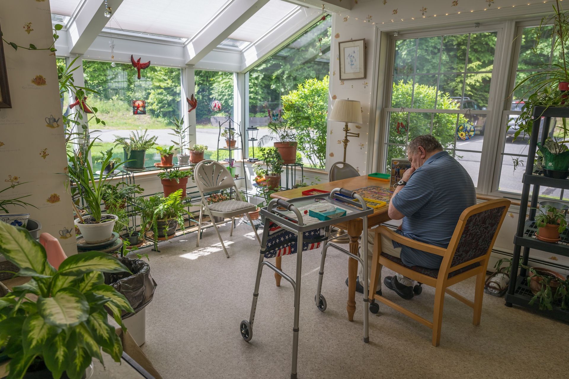 Person seated at a craft table in a bright sunroom surrounded by plants and garden views