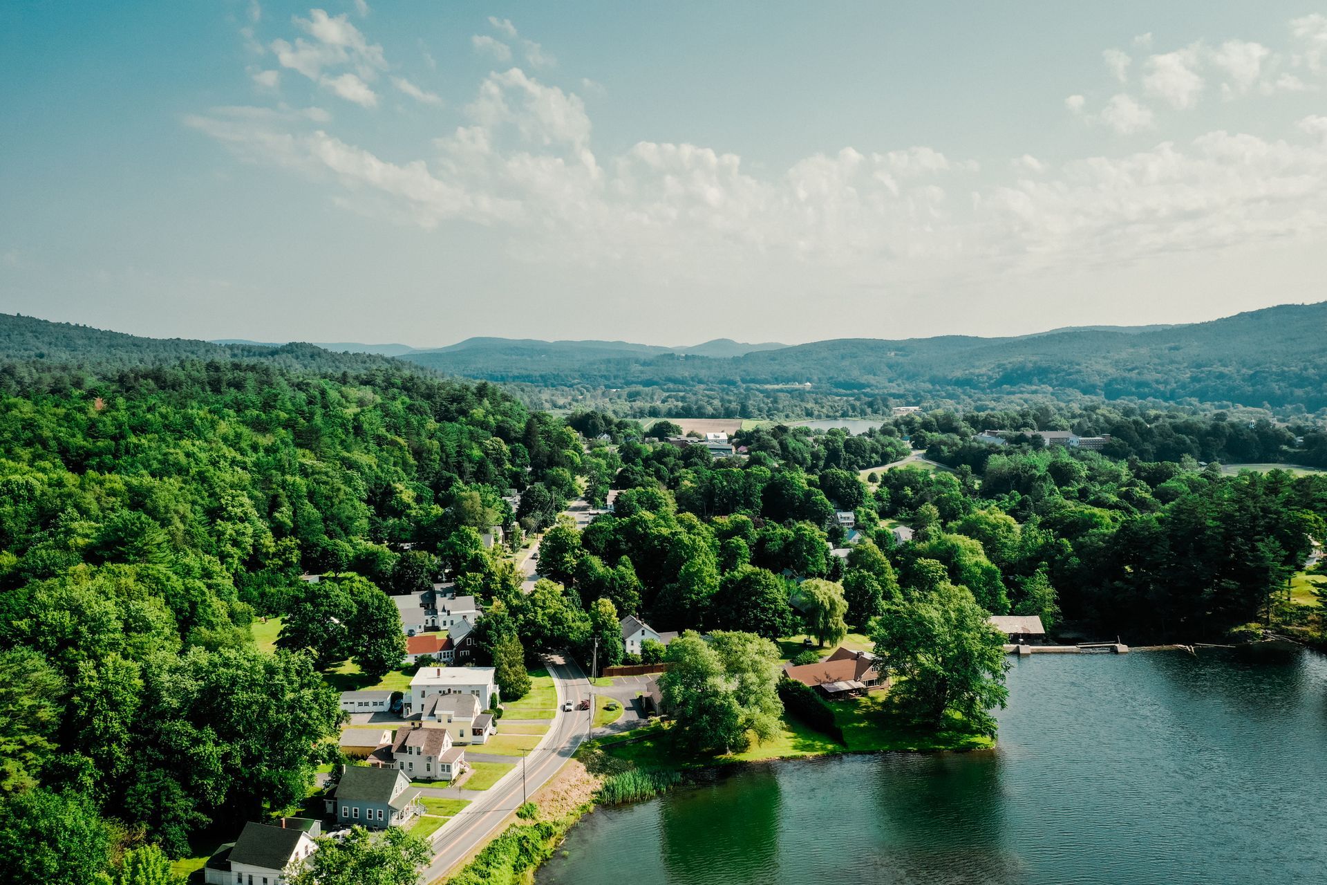 An aerial view of a lake surrounded by trees and houses.
