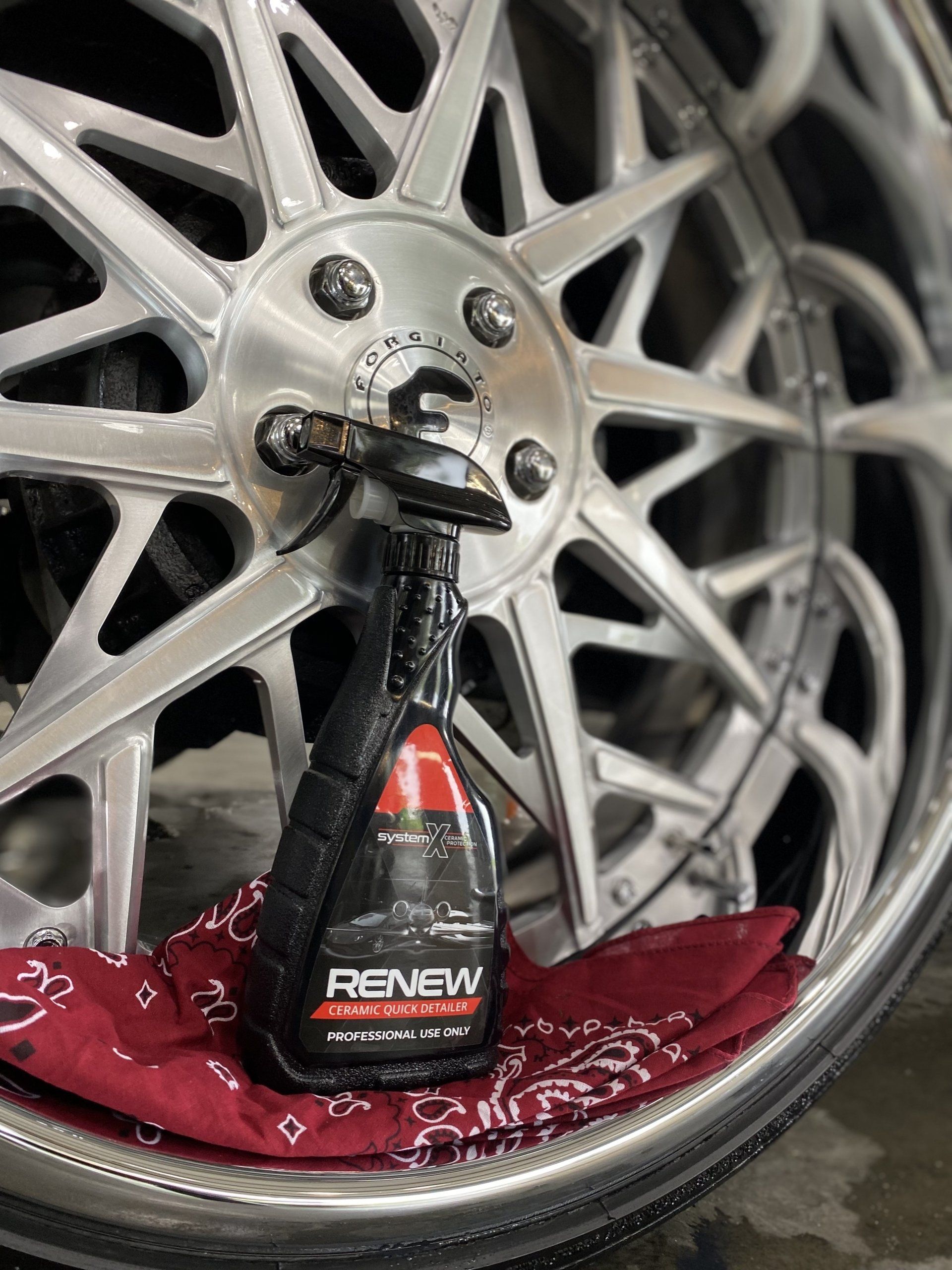 Road bike disc brake caliper with a black bottle in a wheel rim, mounted on a silver wheel.