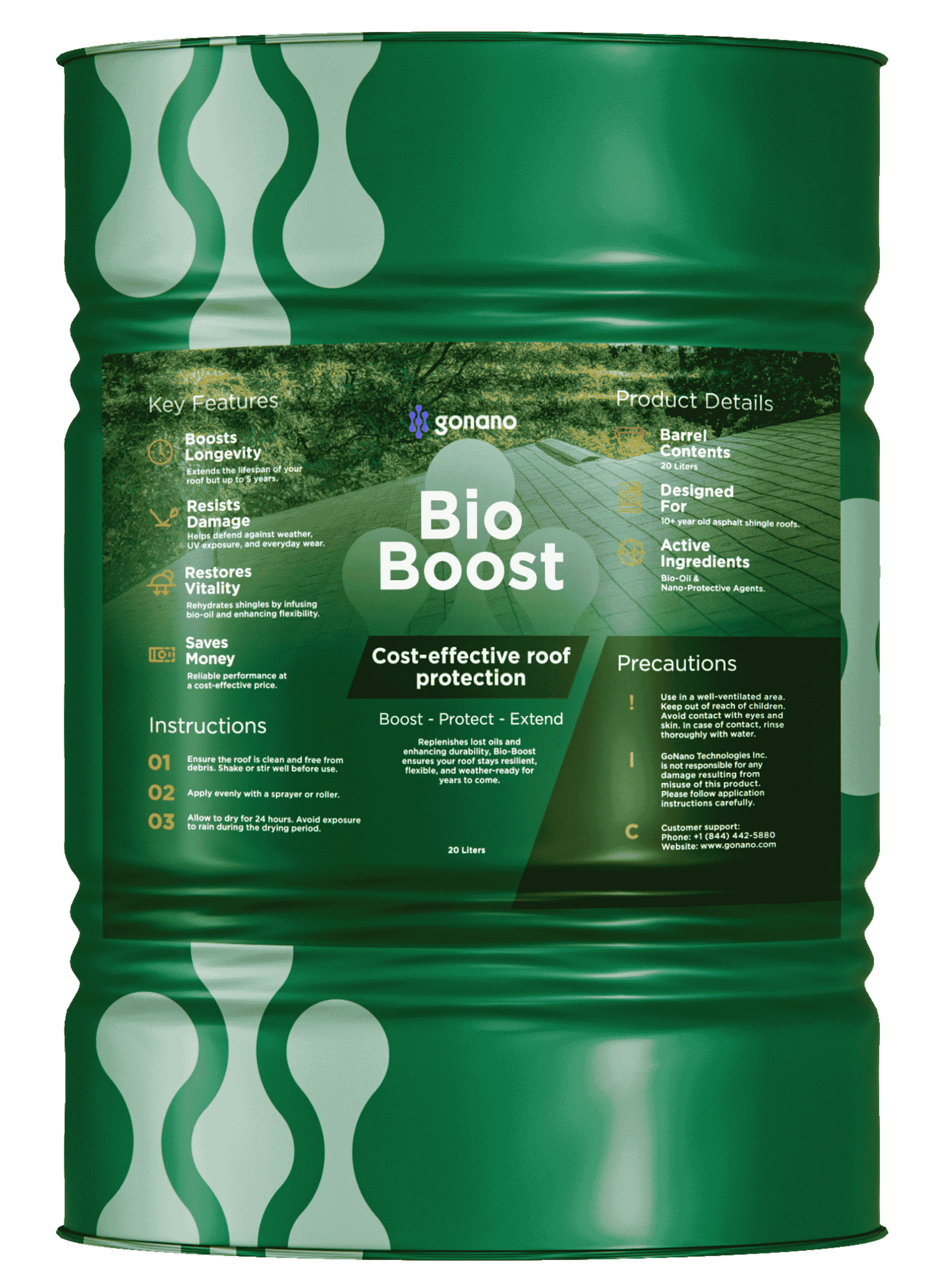 Green Bio Boost fertilizer bag with white wave accents and product label.
