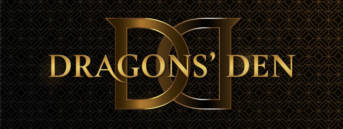 Logo for Dragons' Den, a television show. Gold lettering on a black patterned background.