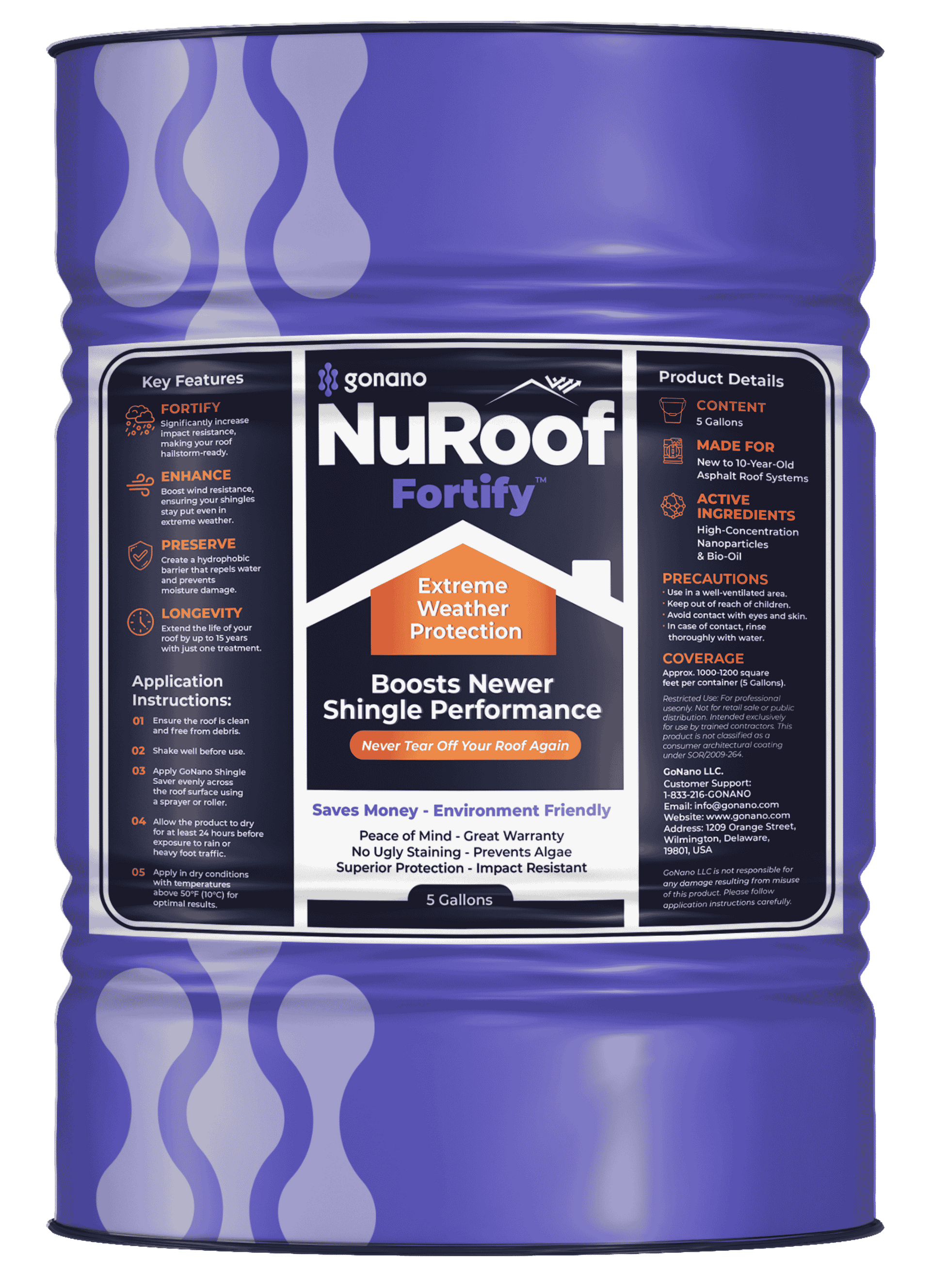 Purple 55-gallon drum labeled NuRoof Fortify roof coating with white and orange text