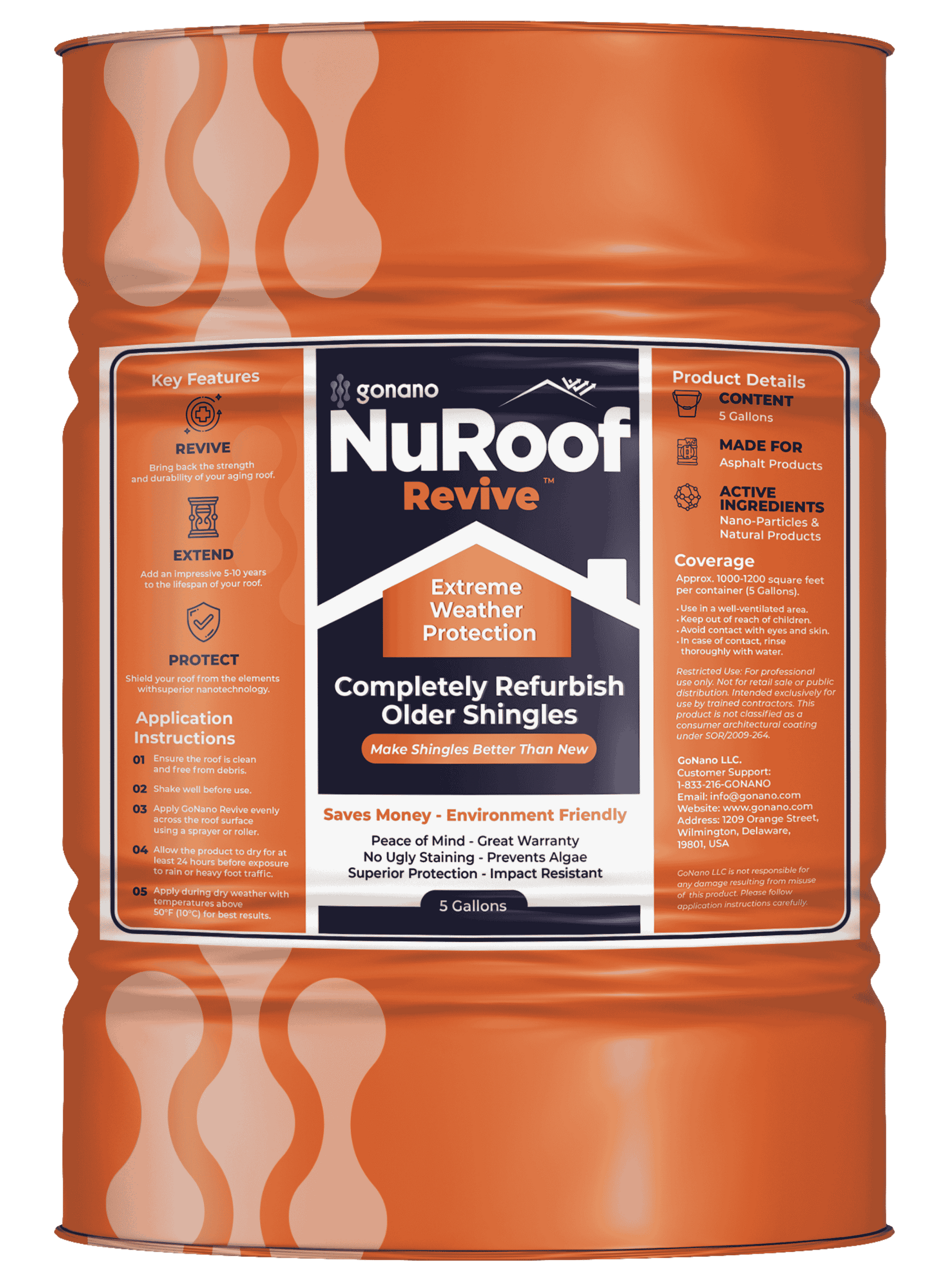Orange NuRoof Revive roof coating container with product label and white drip graphics