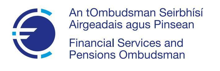 Financial Services and Pensions Ombudsman logo with blue circular icon and bilingual text