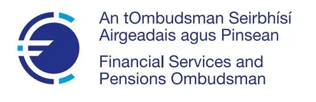 Financial Services and Pensions Ombudsman logo with blue circular icon and bilingual text