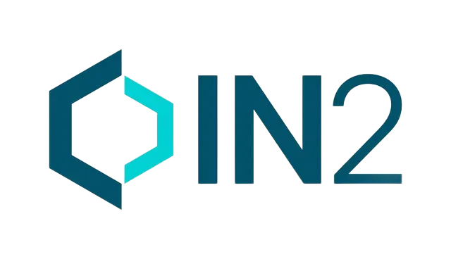 IN2 logo with teal hexagonal icon and dark teal text on a white background