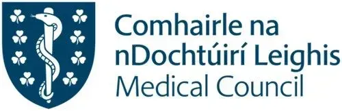 Logo for Comhairle na nDochtúirí Leighis Medical Council, with a blue crest and text on white background